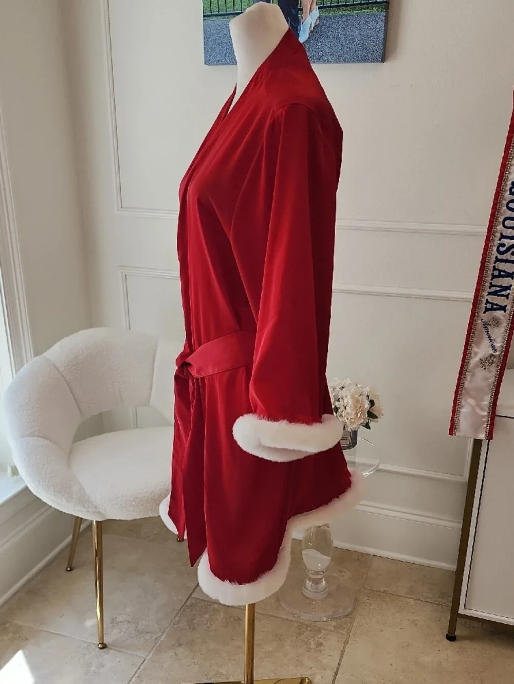 Luxurious Red Satin Robe with White Faux Fur Trim
